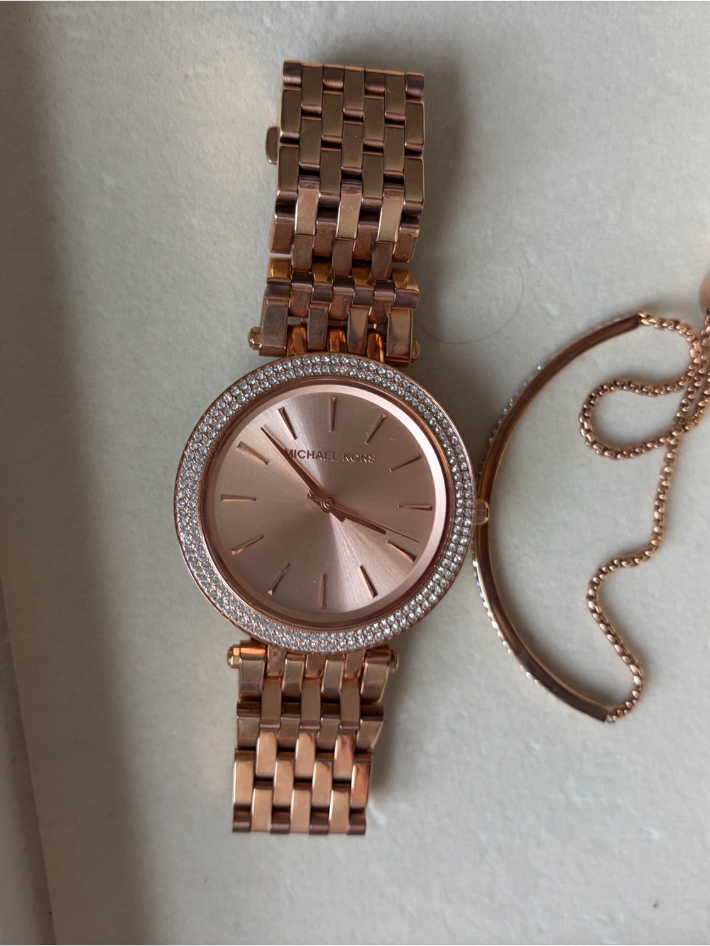 Michael Kors Rose Gold-Tone Crystal Bezel Women's Watch with link bracelet